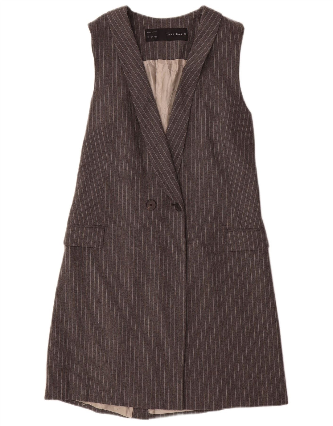 Zara Womens Longline Sleeveless Blazer Jacket UK 12 Medium Grey Pinstripe