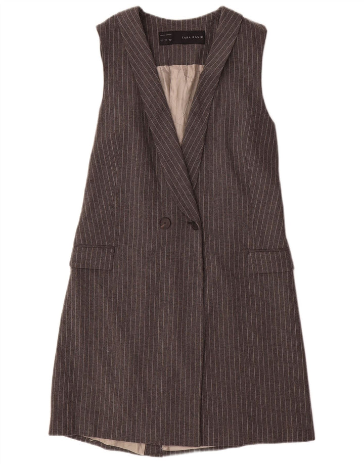 Zara Womens Longline Sleeveless Blazer Jacket UK 12 Medium Grey Pinstripe