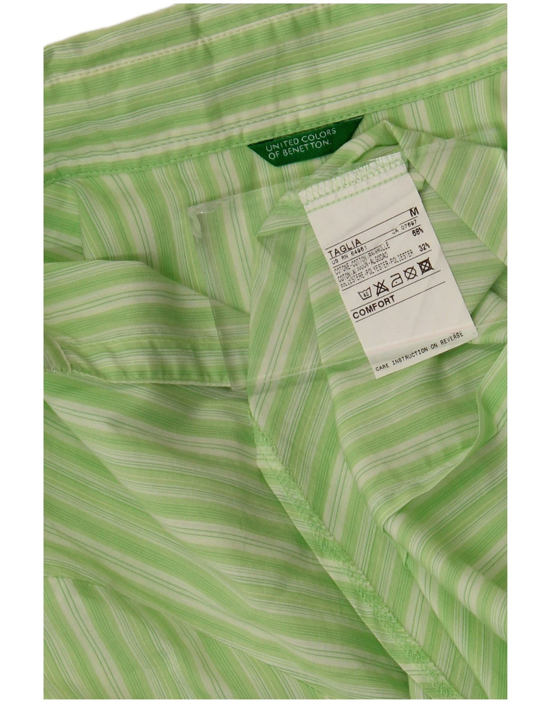 BENETTON Womens Shirt UK 12 Medium Green Striped Cotton