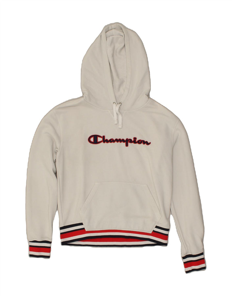 CHAMPION Womens Graphic Hoodie Jumper UK 14 Medium White | Vintage Champion | Thrift | Second-Hand Champion | Used Clothing | Messina Hembry 