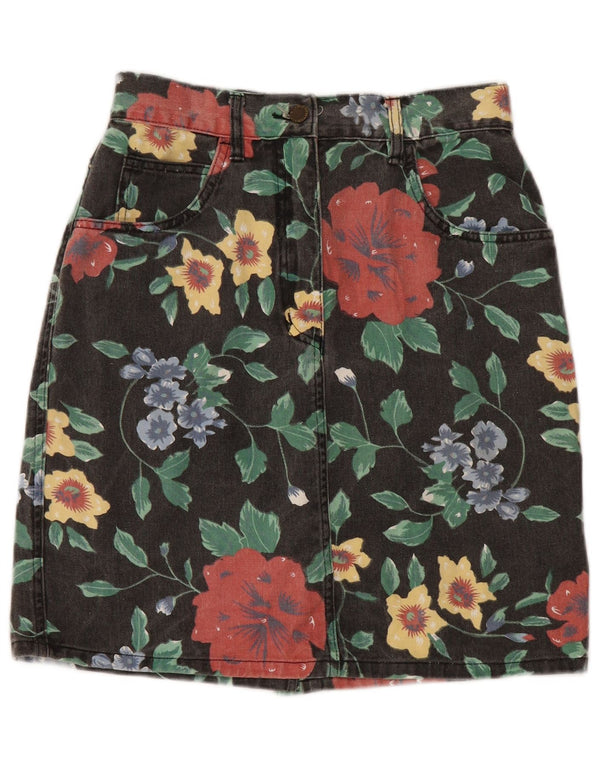 Vintage Womens Denim Skirt UK 12 Medium W28  Black Floral Cotton