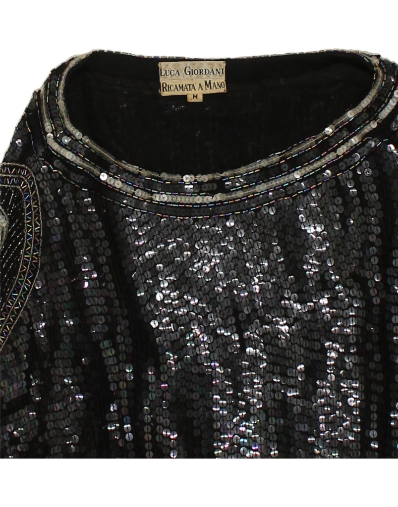 RICAMO A MANO Womens Evening Sequin Blouse Top UK 14 Medium Black Floral | Vintage Ricamo A Mano | Thrift | Second-Hand Ricamo A Mano | Used Clothing | Messina Hembry 