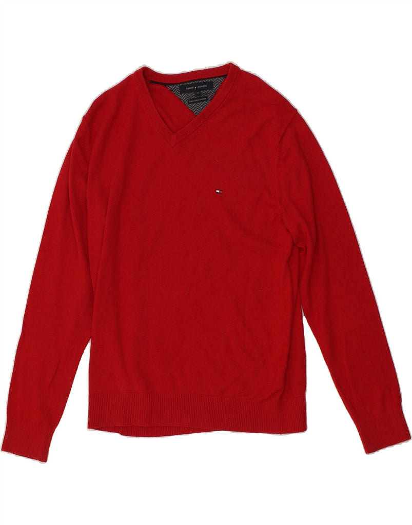 TOMMY HILFIGER Mens V-Neck Jumper Sweater Medium Red Cotton | Vintage Tommy Hilfiger | Thrift | Second-Hand Tommy Hilfiger | Used Clothing | Messina Hembry 