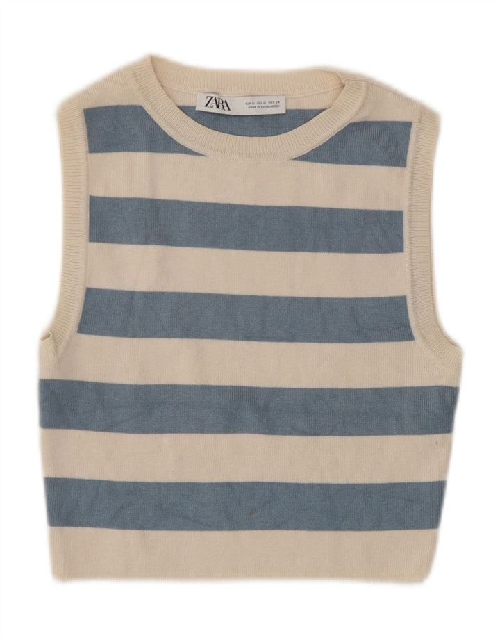 Zara Womens Crop Top UK 12 Medium Beige Striped Viscose