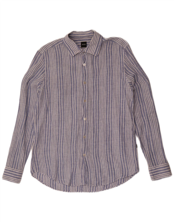 Hugo Boss Mens Shirt Large Blue Pinstripe Linen