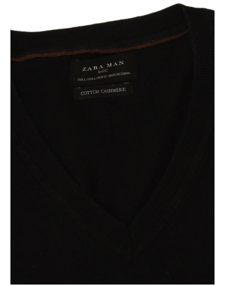 Zara Mens V-Neck Jumper Sweater Large Black Cotton