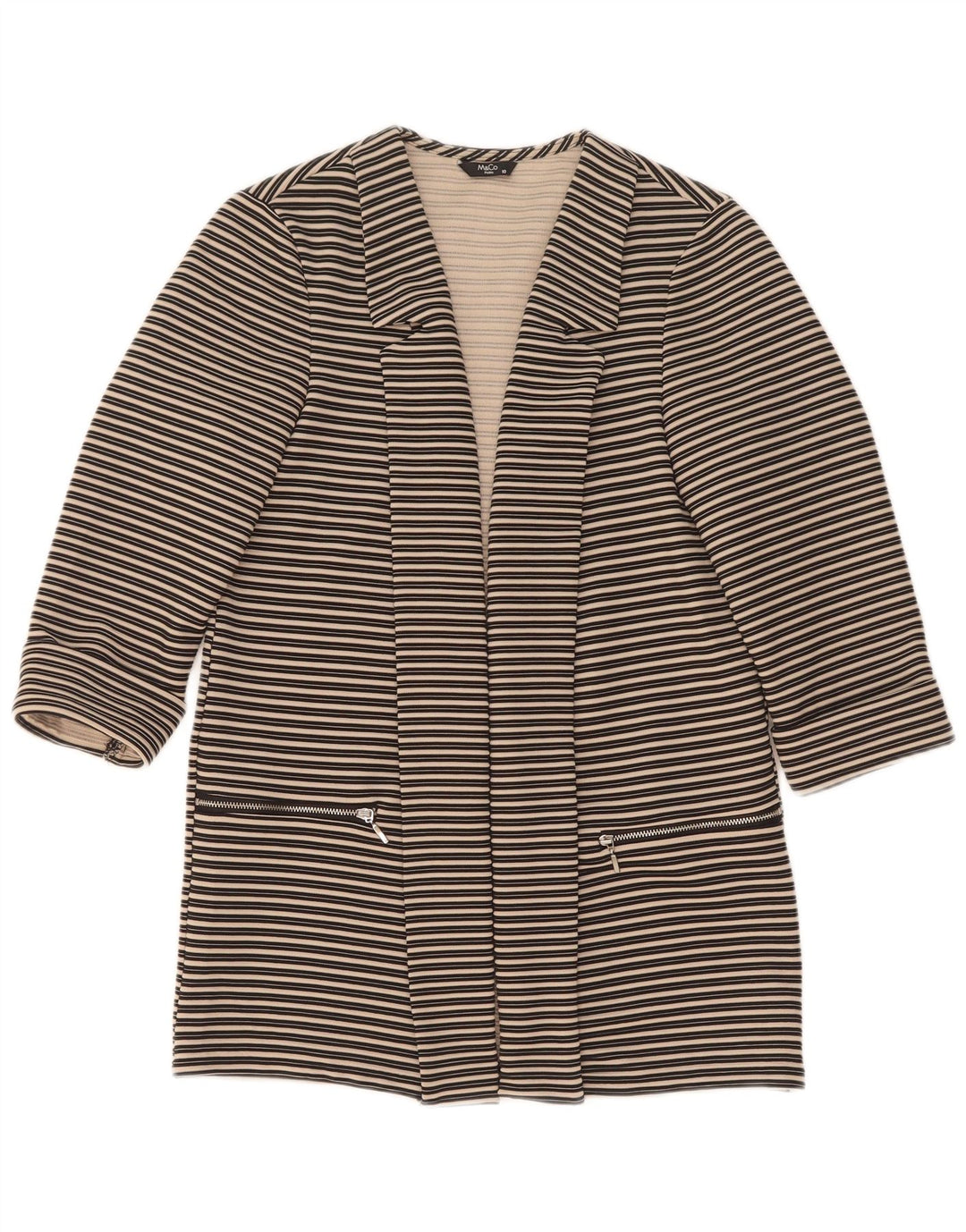 M&Co Womens Petite 3/4 Sleeve Open Blazer Jacket UK 10 Small Black Striped