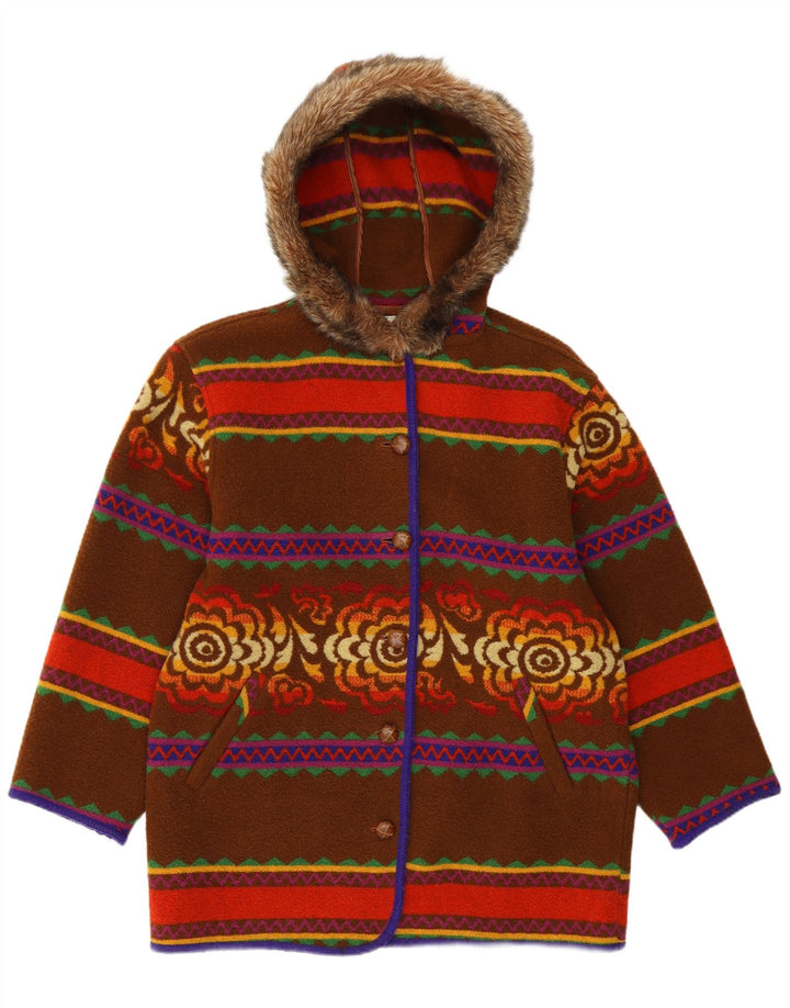 Benetton Womens Hooded Oversized Overcoat IT 44 Medium Brown Fair Isle