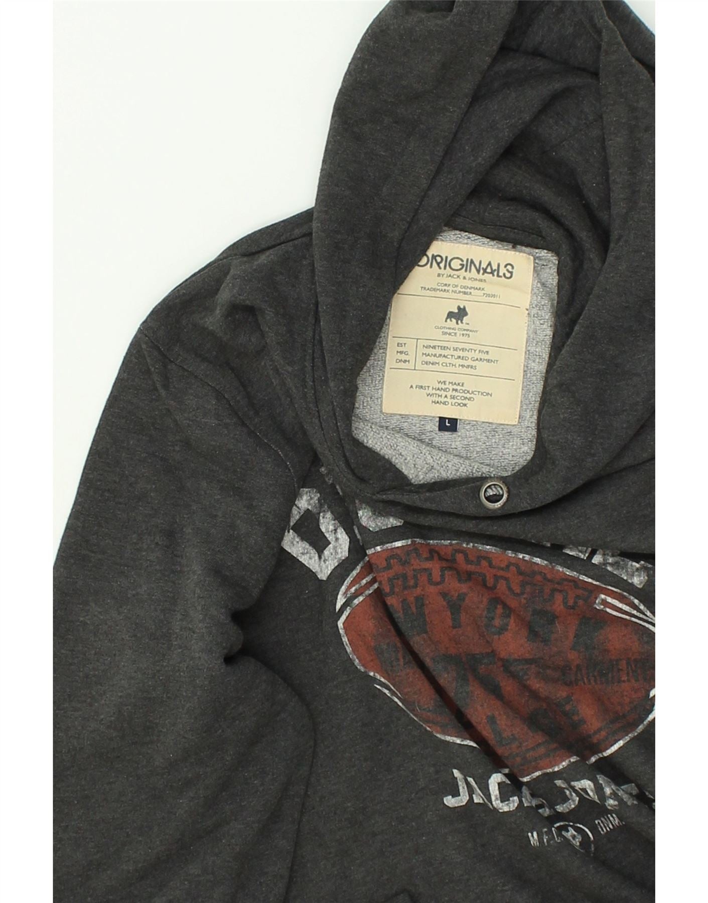 JACK JONES Mens Slim Graphic Hoodie Jumper Large Grey Cotton