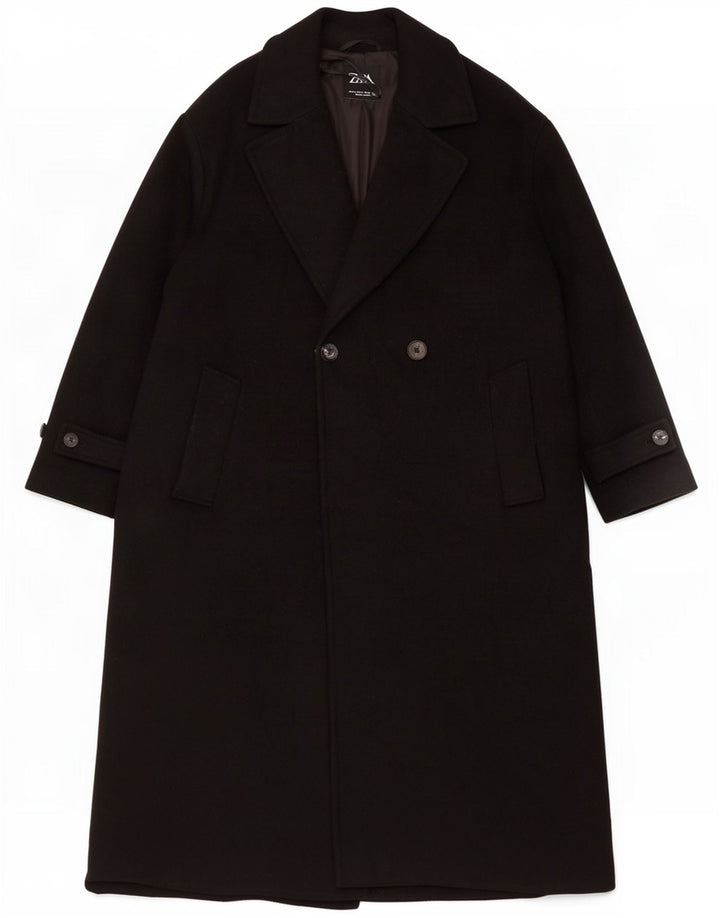 Zara Womens Double Breasted Coat UK 14 Medium Black Polyester