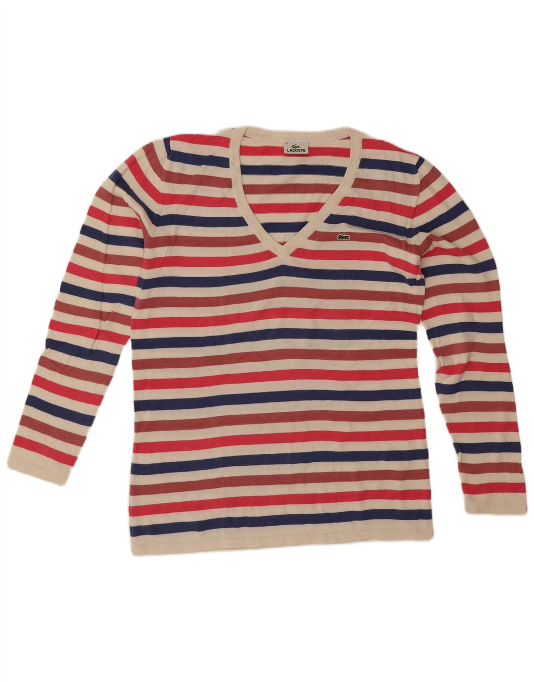 Lacoste Womens V-Neck Jumper Sweater Size 42 Large Multicoloured Striped