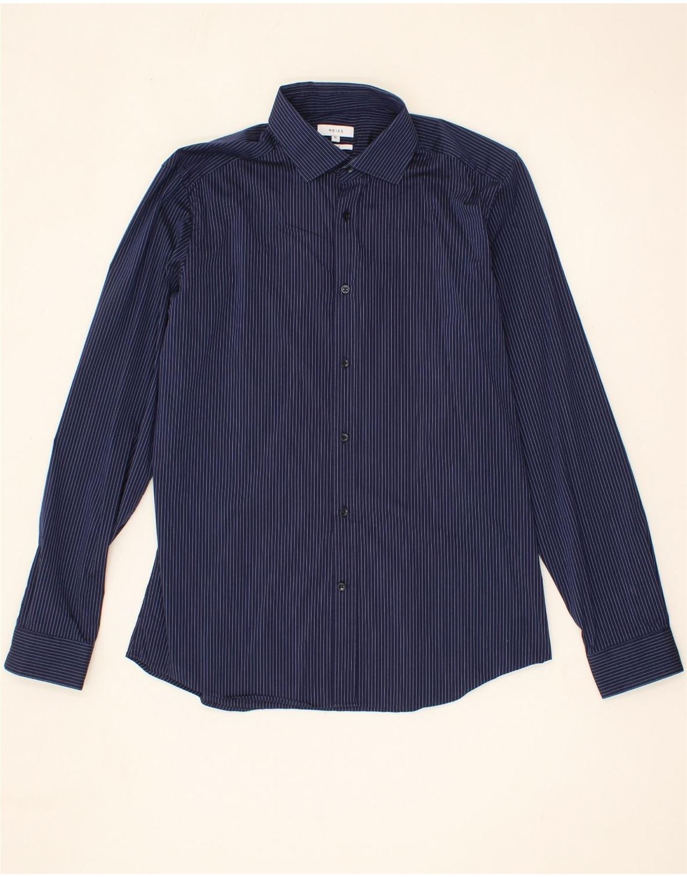 REISS Mens Slim Fit Shirt XL Navy Blue Striped Cotton Vintage