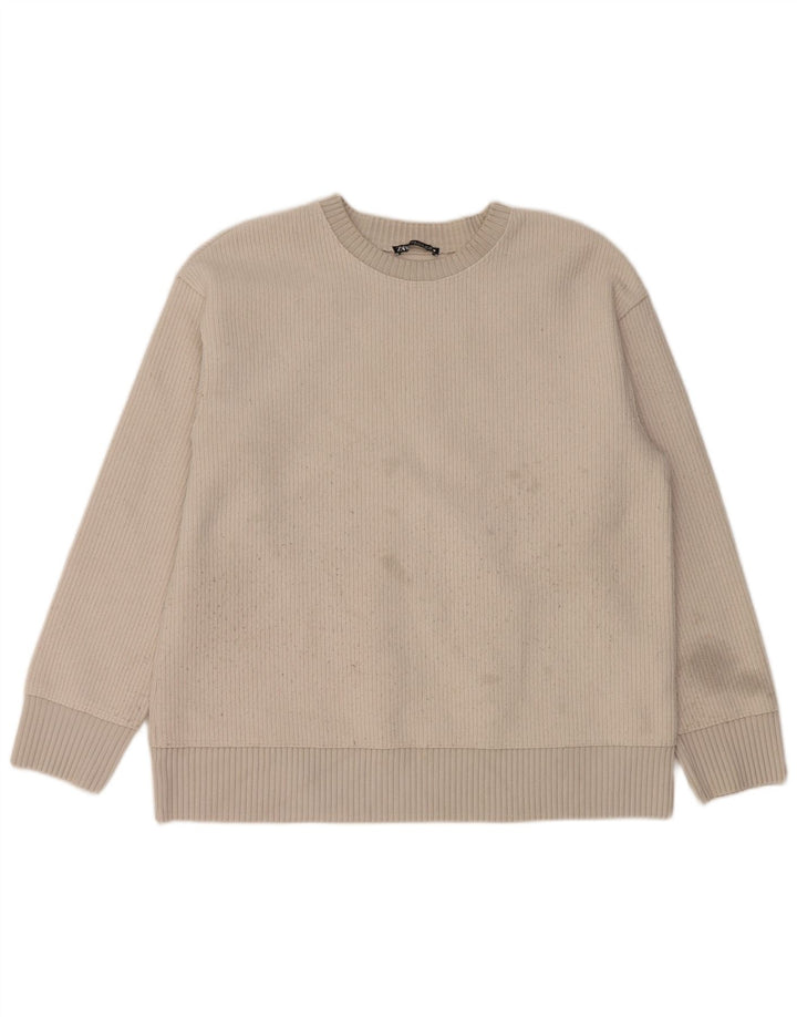 Zara Womens Crew Neck Jumper Sweater UK 14 Medium Off White Polyester