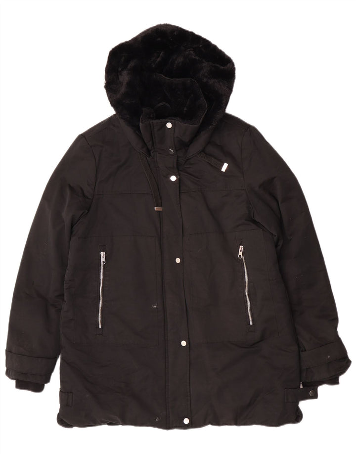 Zara Womens Hooded Parka Jacket UK 14 Medium Black Cotton