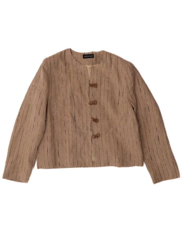 VINTAGE Womens 4 Button Blazer Jacket UK 14 Medium Beige Striped Linen