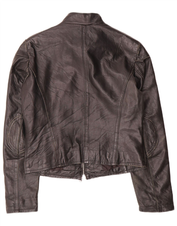 Vintage Womens Crop Leather Racer Jacket UK 10 Small Black Leather