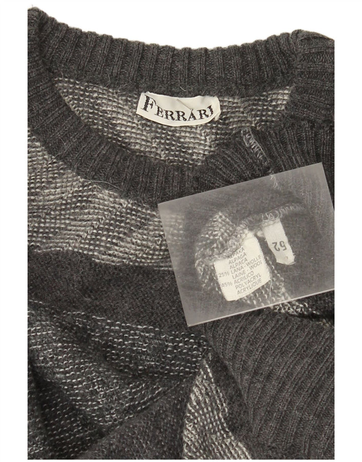 Ferrari Mens Crew Neck Jumper Sweater IT 52 Large Grey Striped Alpaca Wool