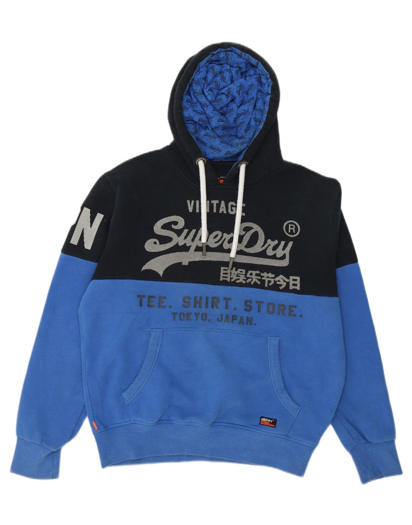 SUPERDRY Mens Graphic Hoodie Jumper Large Blue Colourblock Cotton Vintage Superdry and Second-Hand Superdry from Messina Hembry 