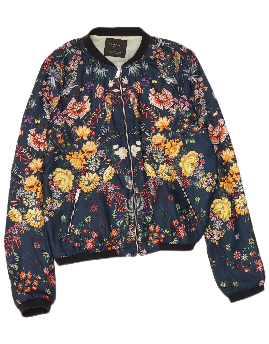 Zara Womens Trafaluc Graphic Bomber Jacket UK 14 Medium Navy Blue Floral