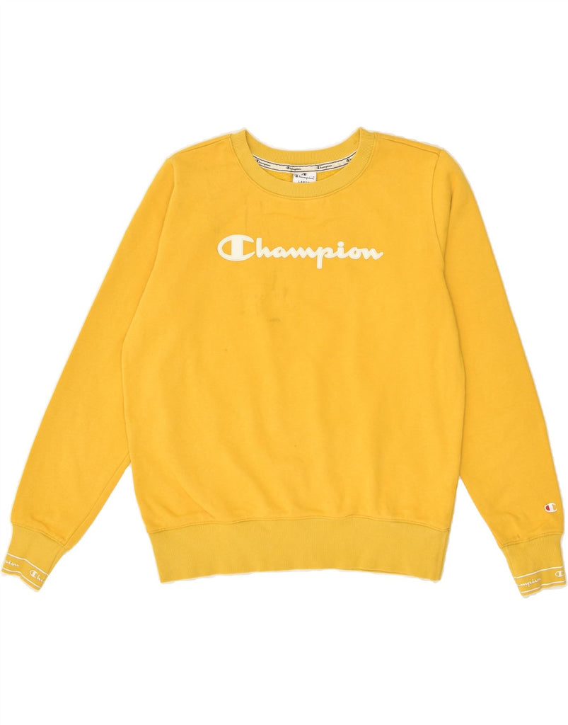 CHAMPION Womens Graphic Sweatshirt Jumper UK 16 Large Yellow Cotton | Vintage Champion | Thrift | Second-Hand Champion | Used Clothing | Messina Hembry 