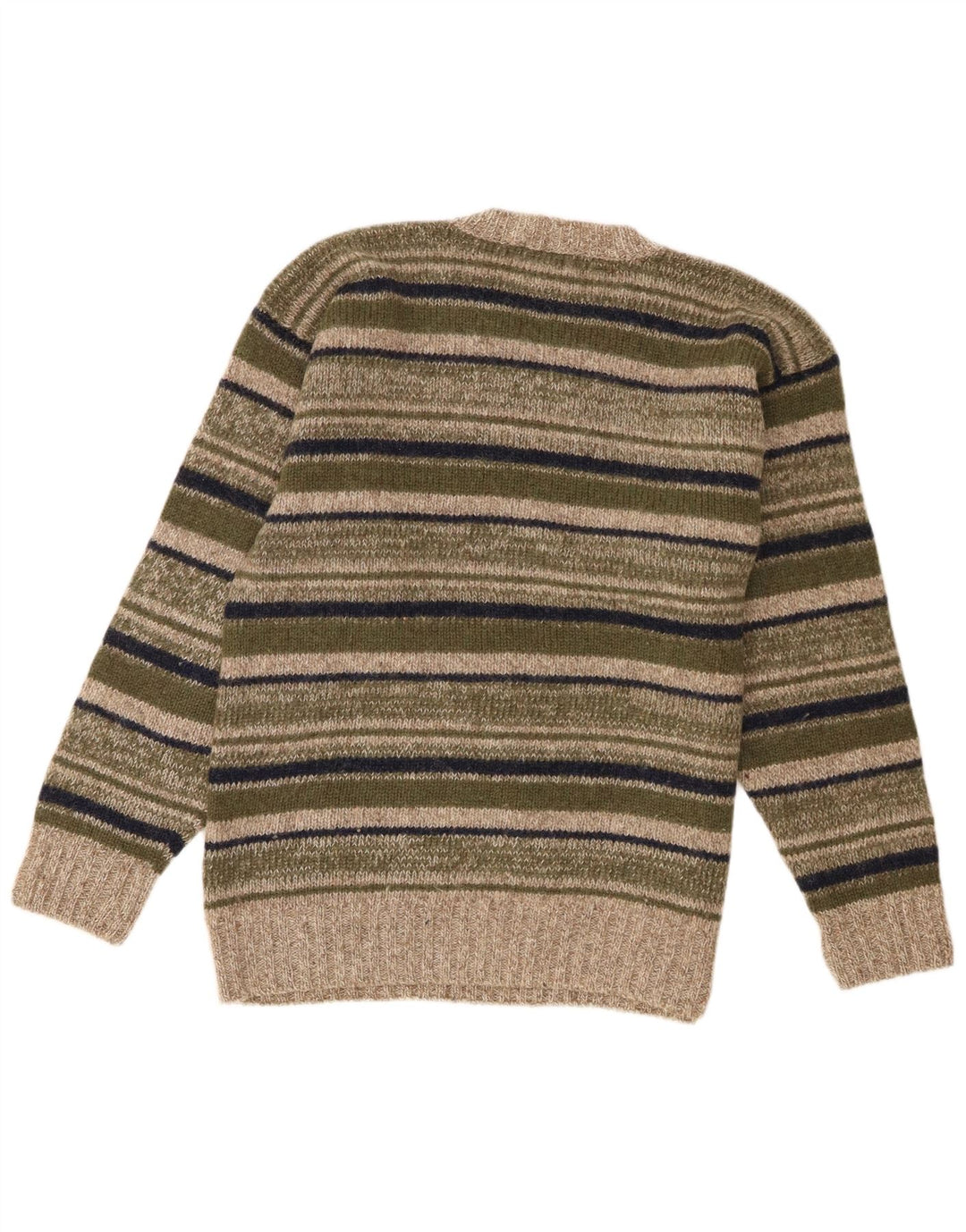 Vintage Mens V-Neck Jumper Sweater Large Khaki Striped Wool