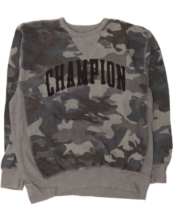 CHAMPION Mens Graphic Sweatshirt Jumper XL Grey Camouflage Cotton Vintage Champion and Second-Hand Champion from Messina Hembry 