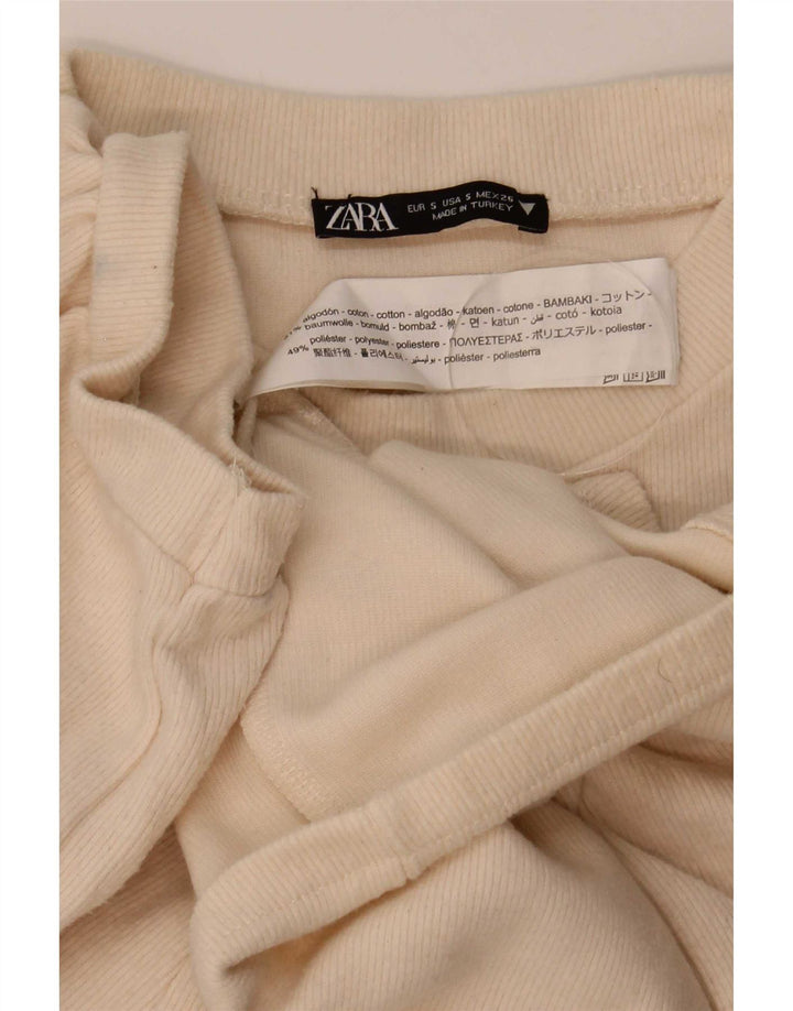 Zara Womens Crop Blouse Top UK 10 Small Beige Cotton