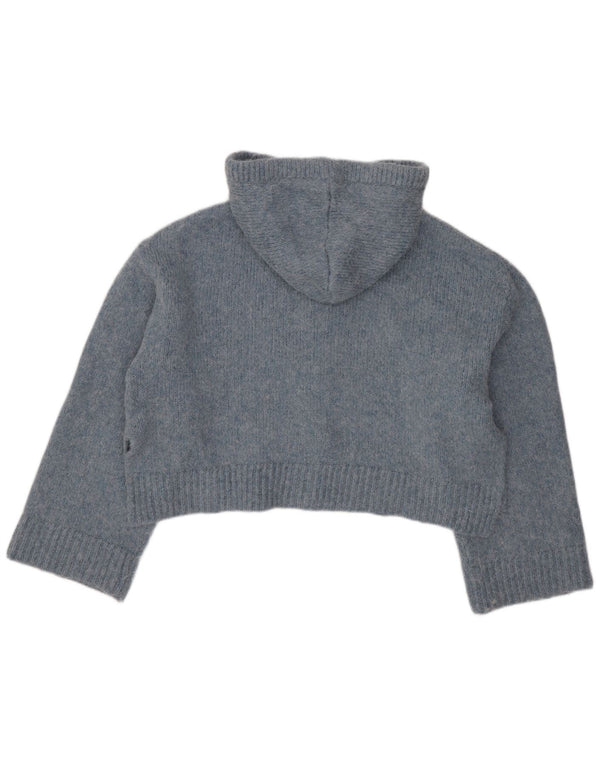 Zara Womens Oversized Crop Hooded Cardigan Sweater UK 10 Small Blue Acrylic