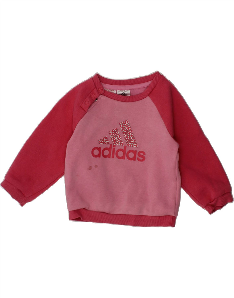 ADIDAS Baby Girls Graphic Sweatshirt Jumper 6-9 Months Pink Colourblock Vintage Adidas and Second-Hand Adidas from Messina Hembry 