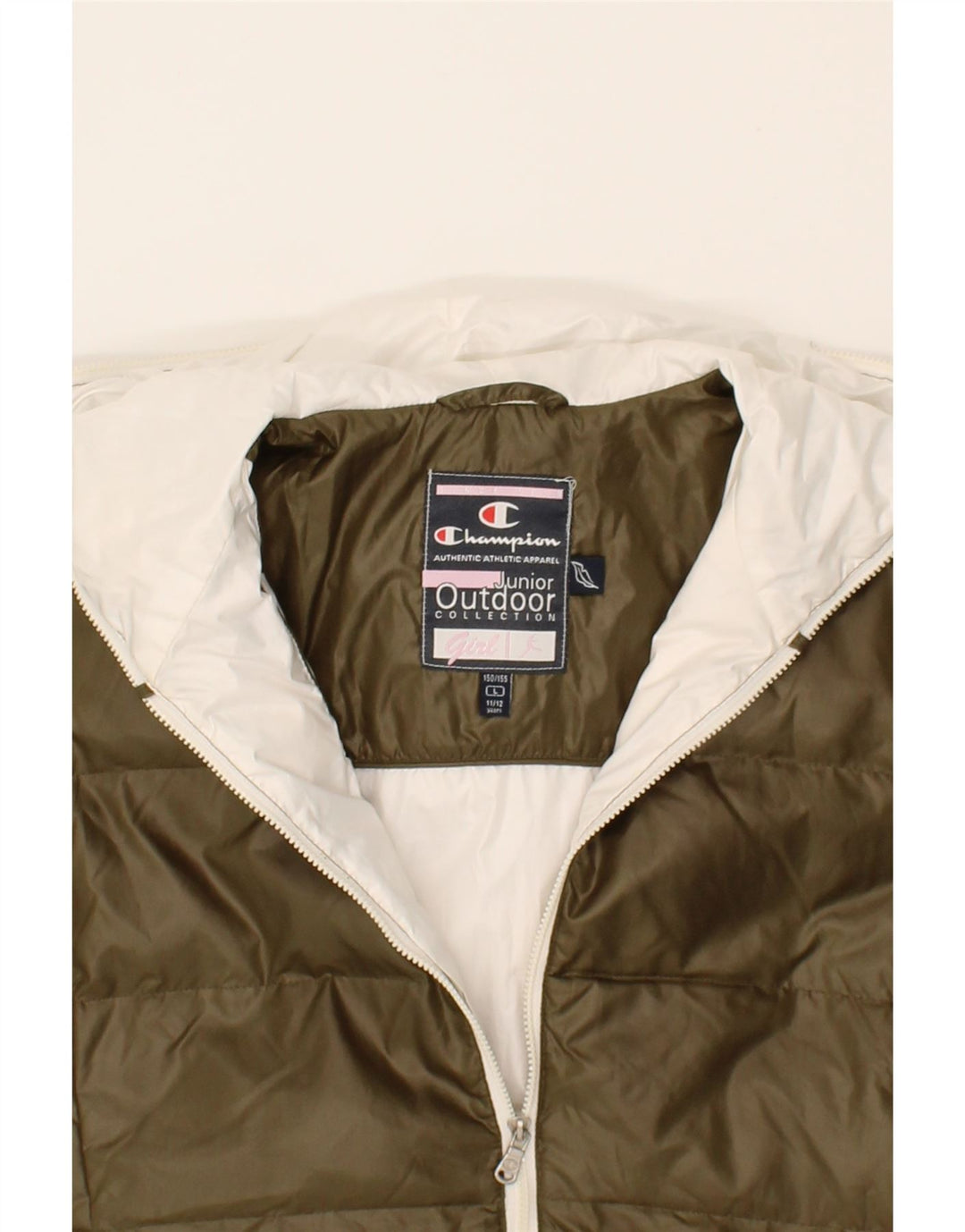 CHAMPION Girls Hooded Padded Jacket 11-12 Years L Khaki Polyester Vintage Champion and Second-Hand Champion from Messina Hembry 