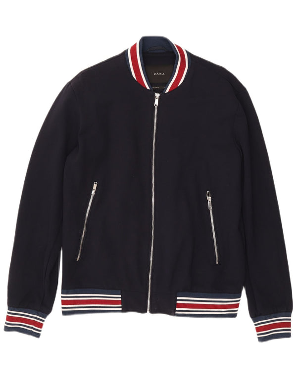 Zara Mens Bomber Jacket UK 40 Large Navy Blue Striped Viscose