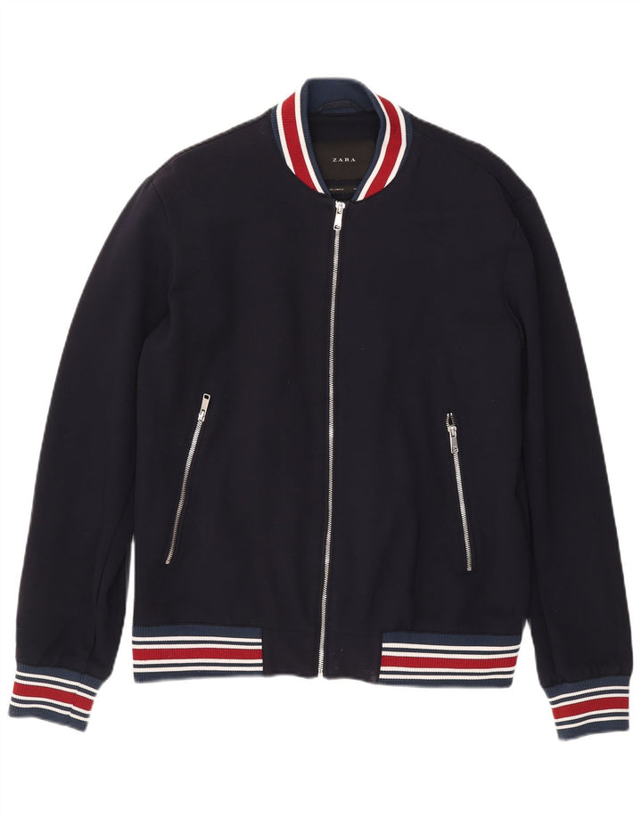 Zara Mens Bomber Jacket UK 40 Large Navy Blue Striped Viscose