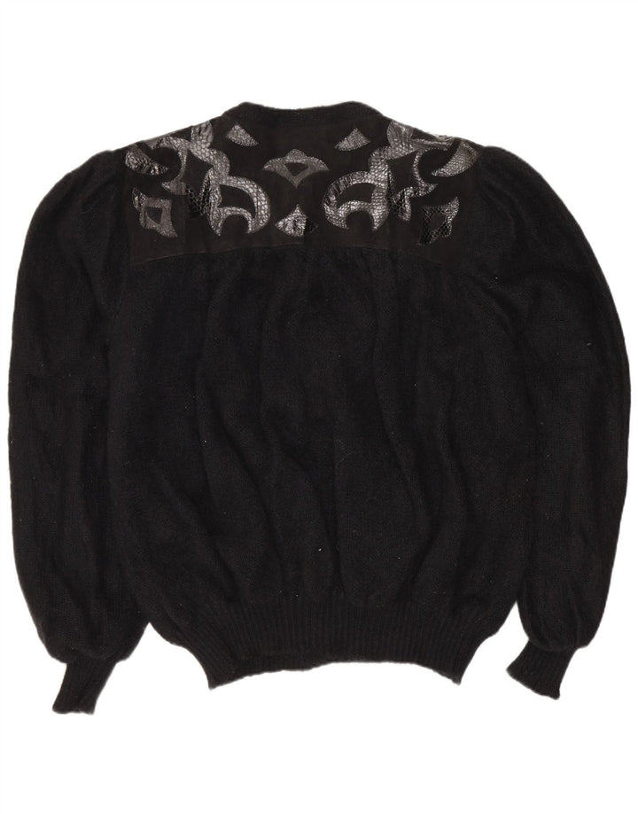 Vintage Womens Abstract Pattern Cardigan Sweater UK 20 2XL Black Retro