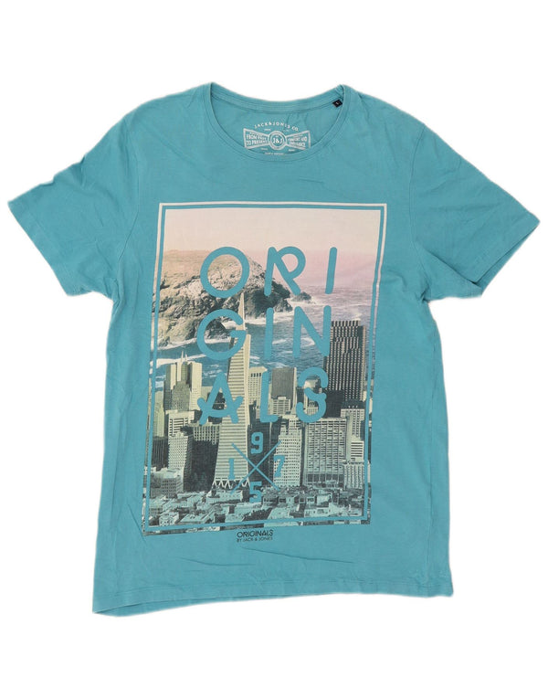 Jack & Jones Mens Graphic T-Shirt Top Large Blue Cotton