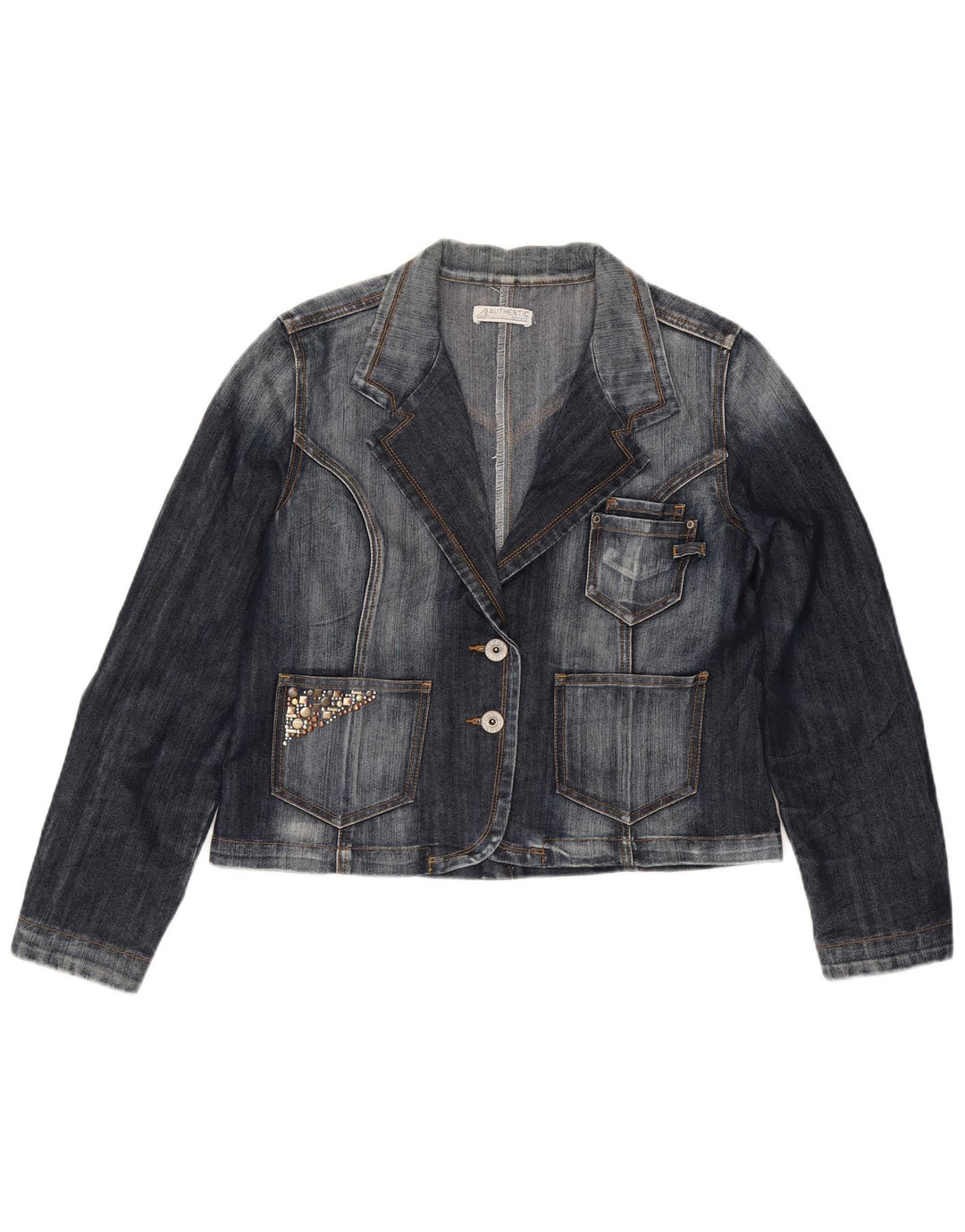 Vintage Womens 2 Button Denim Blazer Jacket UK 14 Medium Navy Blue