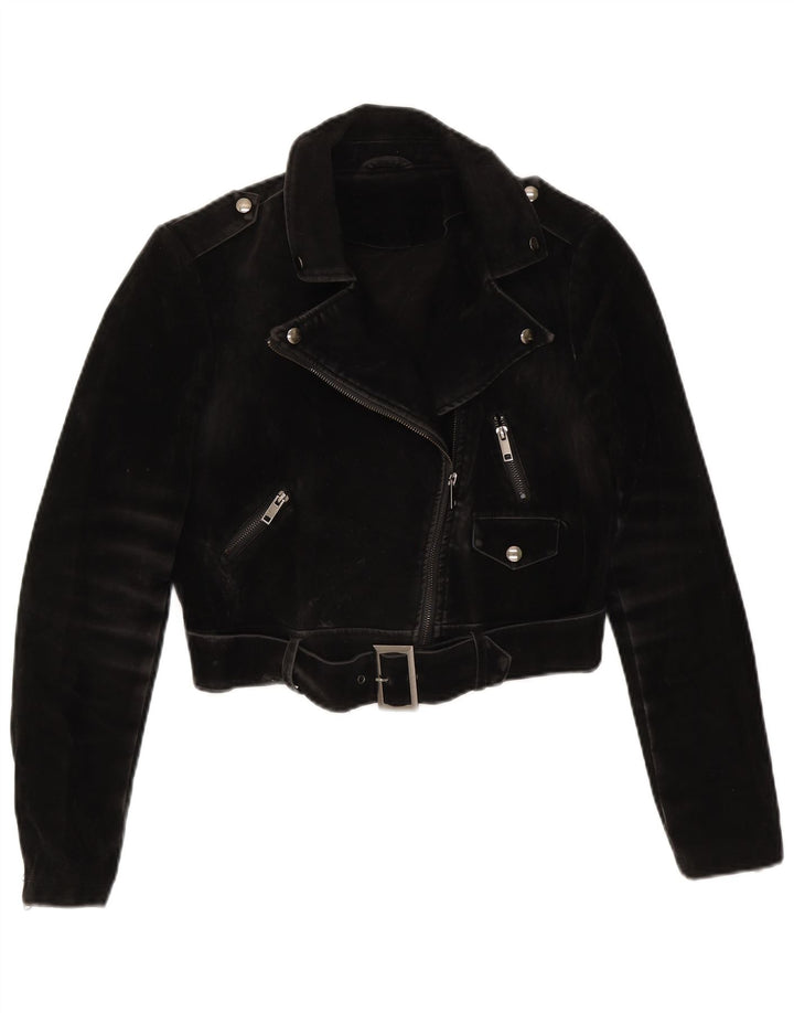 Vintage Womens Crop Suede Biker Jacket UK 14 Medium Black