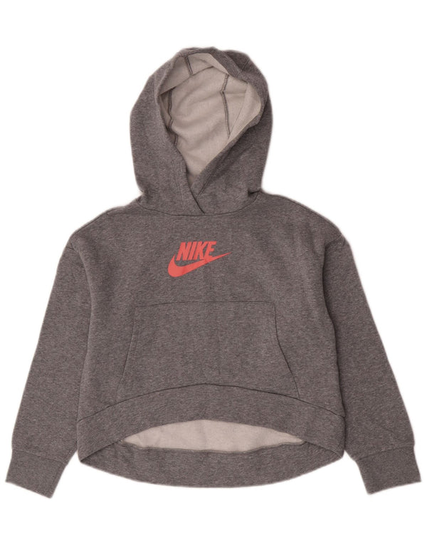 Nike Girls Crop Graphic Hoodie Jumper 8-9 Years Small Grey Cotton