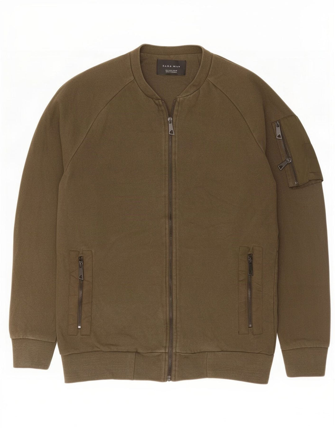 Zara Mens Tracksuit Top Jacket Large Khaki Cotton