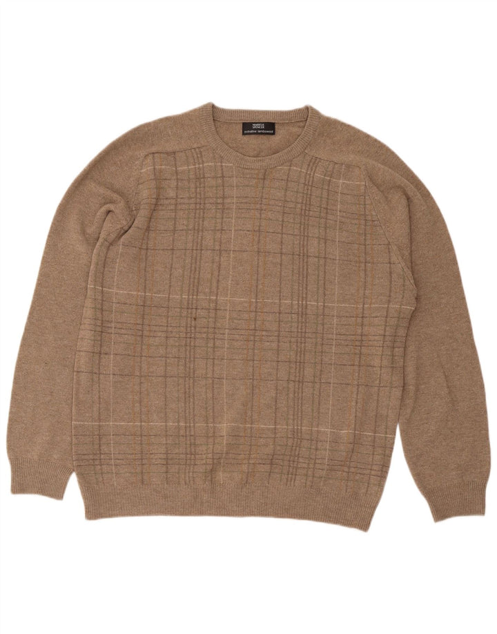 Marks & Spencer Mens Crew Neck Jumper Sweater Medium Beige Check Lambswool