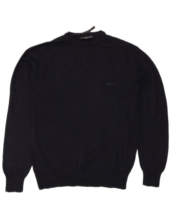 Ungaro Mens Crew Neck Jumper Sweater IT 48 Small Navy Blue Wool