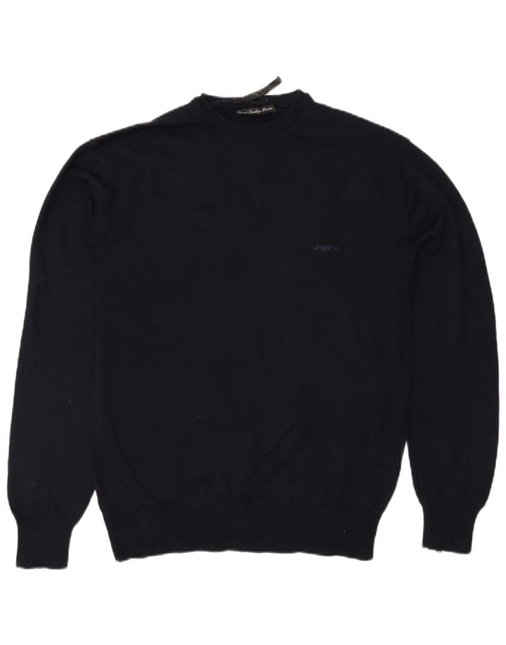 Ungaro Mens Crew Neck Jumper Sweater IT 48 Small Navy Blue Wool