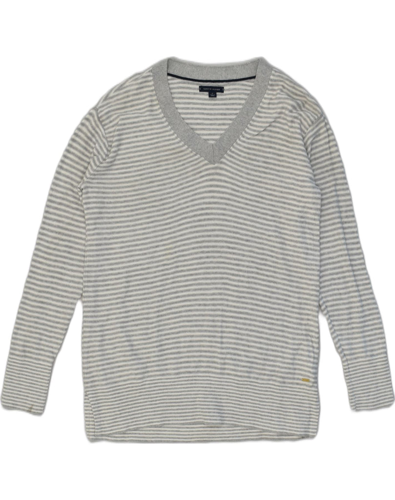 TOMMY HILFIGER Mens V-Neck Jumper Sweater Medium Grey Striped Cotton | Vintage Tommy Hilfiger | Thrift | Second-Hand Tommy Hilfiger | Used Clothing | Messina Hembry 