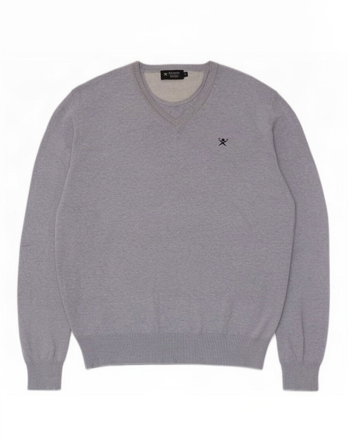 Hackett Mens V-Neck Jumper Sweater Medium Blue Flecked Cotton