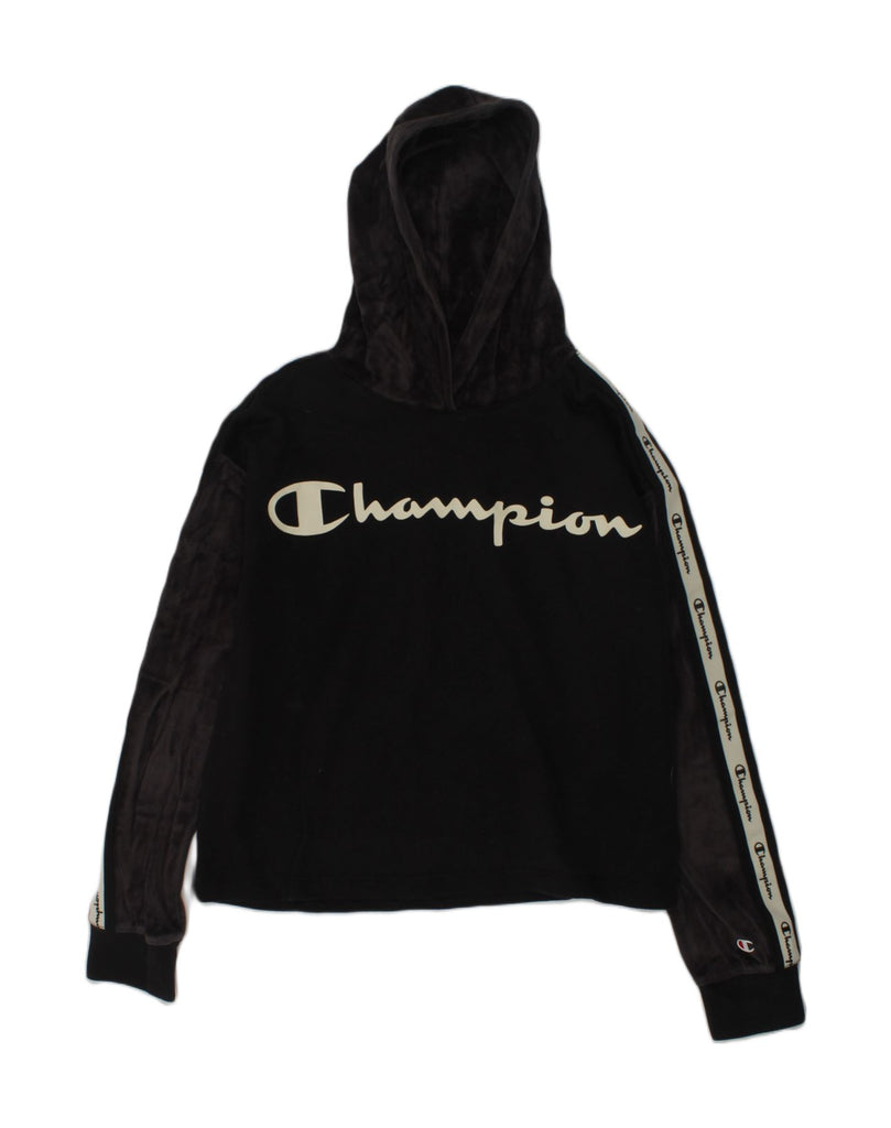 CHAMPION Girls Graphic Hoodie Jumper 13-14 Years XL Black Cotton | Vintage Champion | Thrift | Second-Hand Champion | Used Clothing | Messina Hembry 