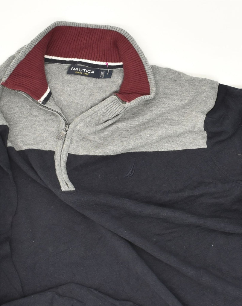 NAUTICA Mens Zip Neck Jumper Sweater Large Navy Blue Colourblock Cotton | Vintage Nautica | Thrift | Second-Hand Nautica | Used Clothing | Messina Hembry 