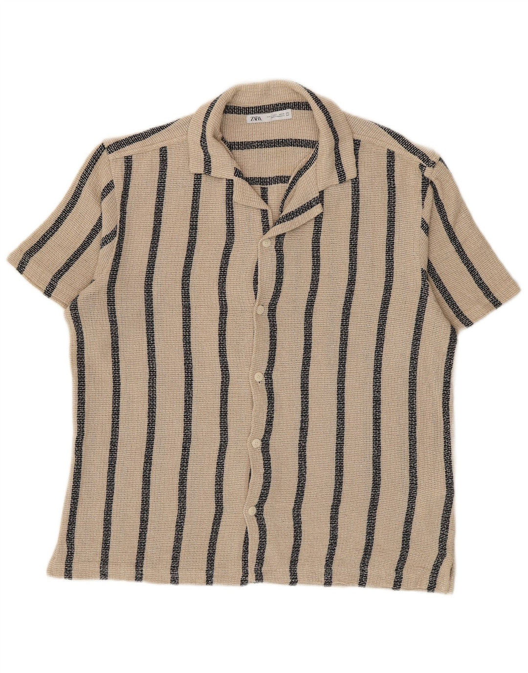 Zara Mens Short Sleeve Shirt Large Beige Striped Cotton