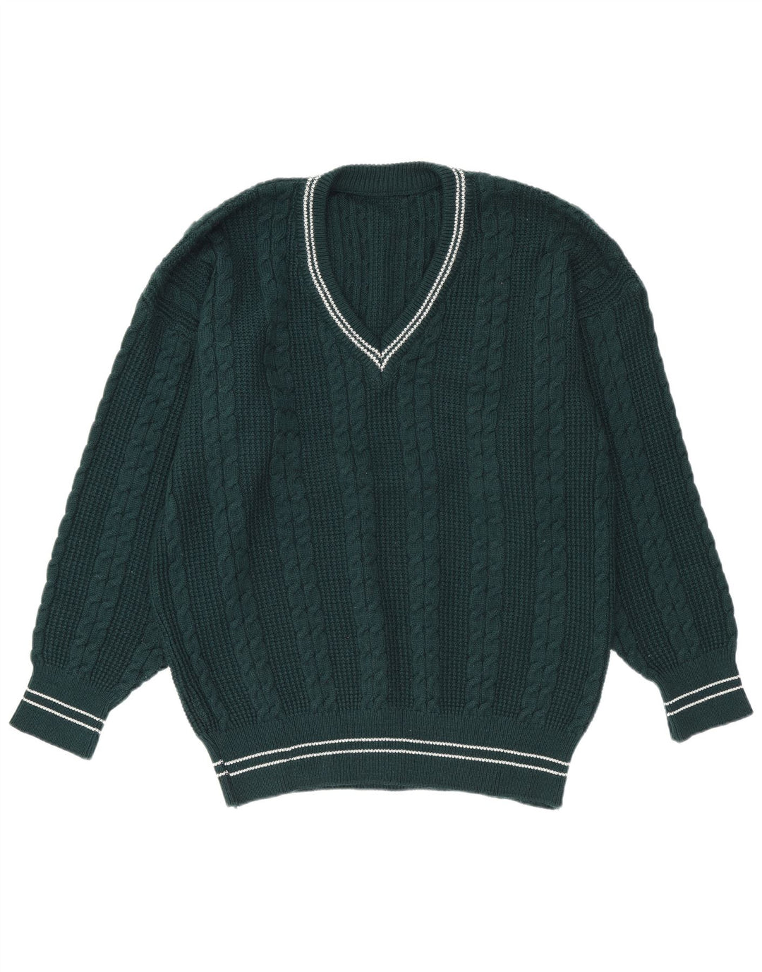 Vintage Mens V-Neck Jumper Sweater Large Green Striped