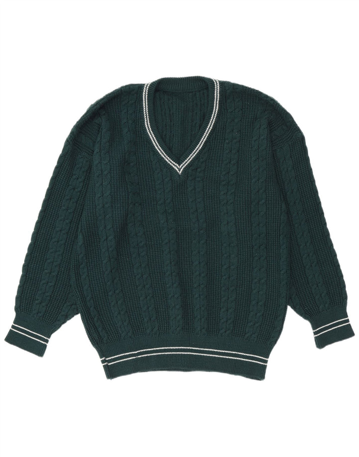 Vintage Mens V-Neck Jumper Sweater Large Green Striped