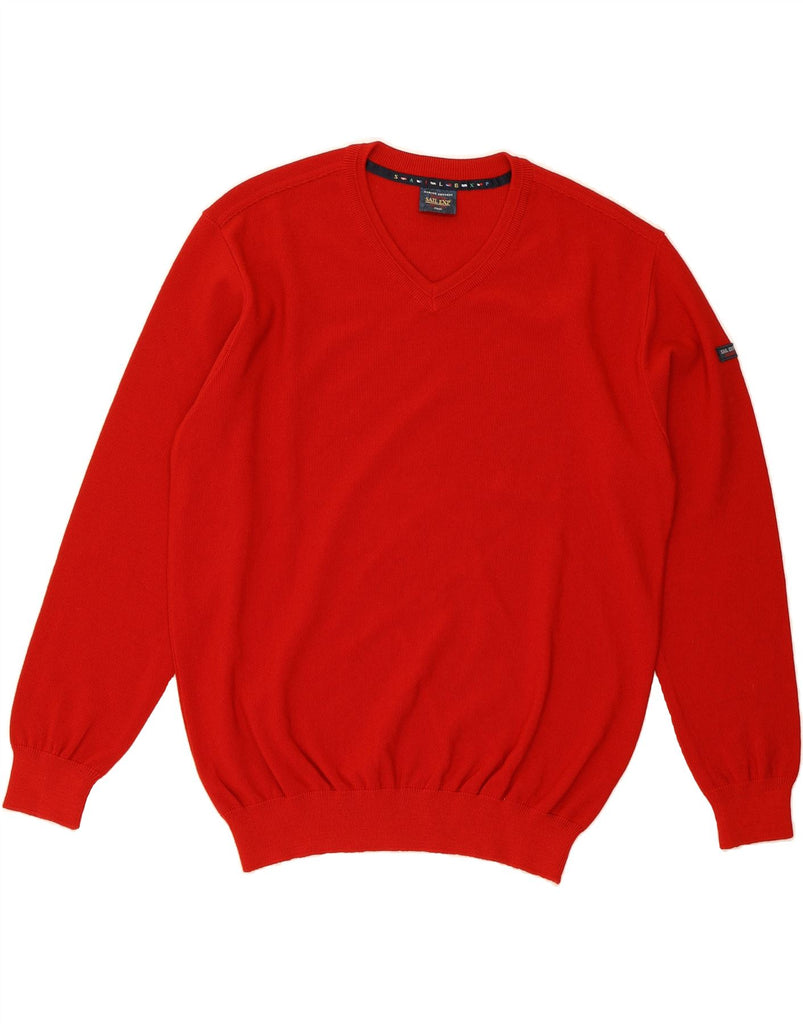 VINTAGE Mens V-Neck Jumper Sweater IT 52 Large Red Wool Vintage Vintage and Second-Hand Vintage from Messina Hembry 