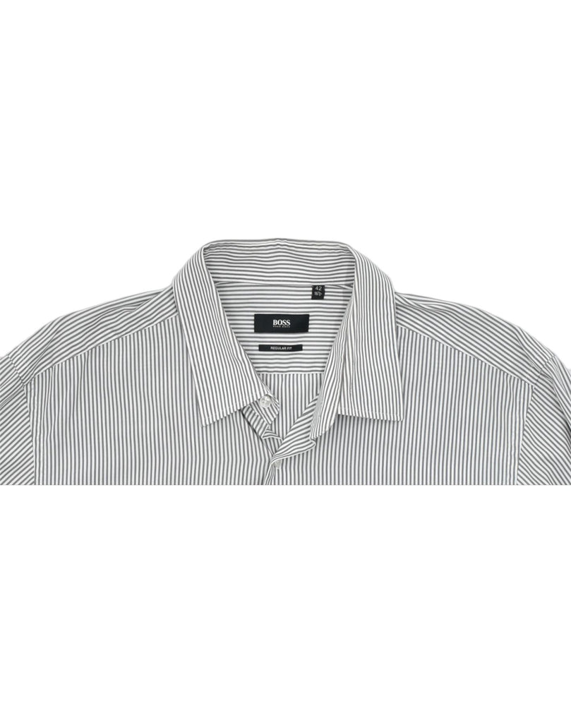 HUGO BOSS Mens Regular Fit Shirt Size 42 16 1/2 Large Grey Striped Cotton | Vintage | Thrift | Second-Hand | Used Clothing | Messina Hembry 